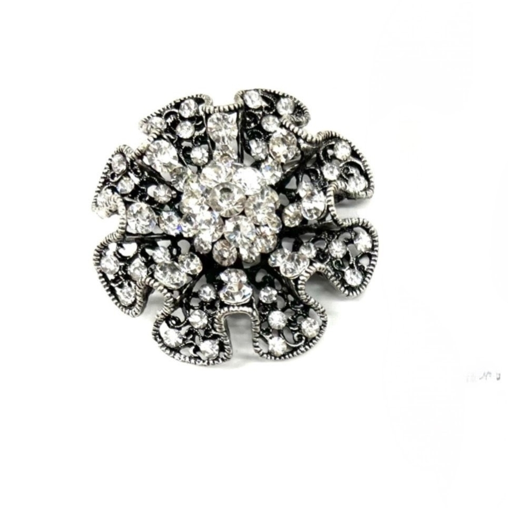 Elegant Silver and Black Crystal Floral Brooch